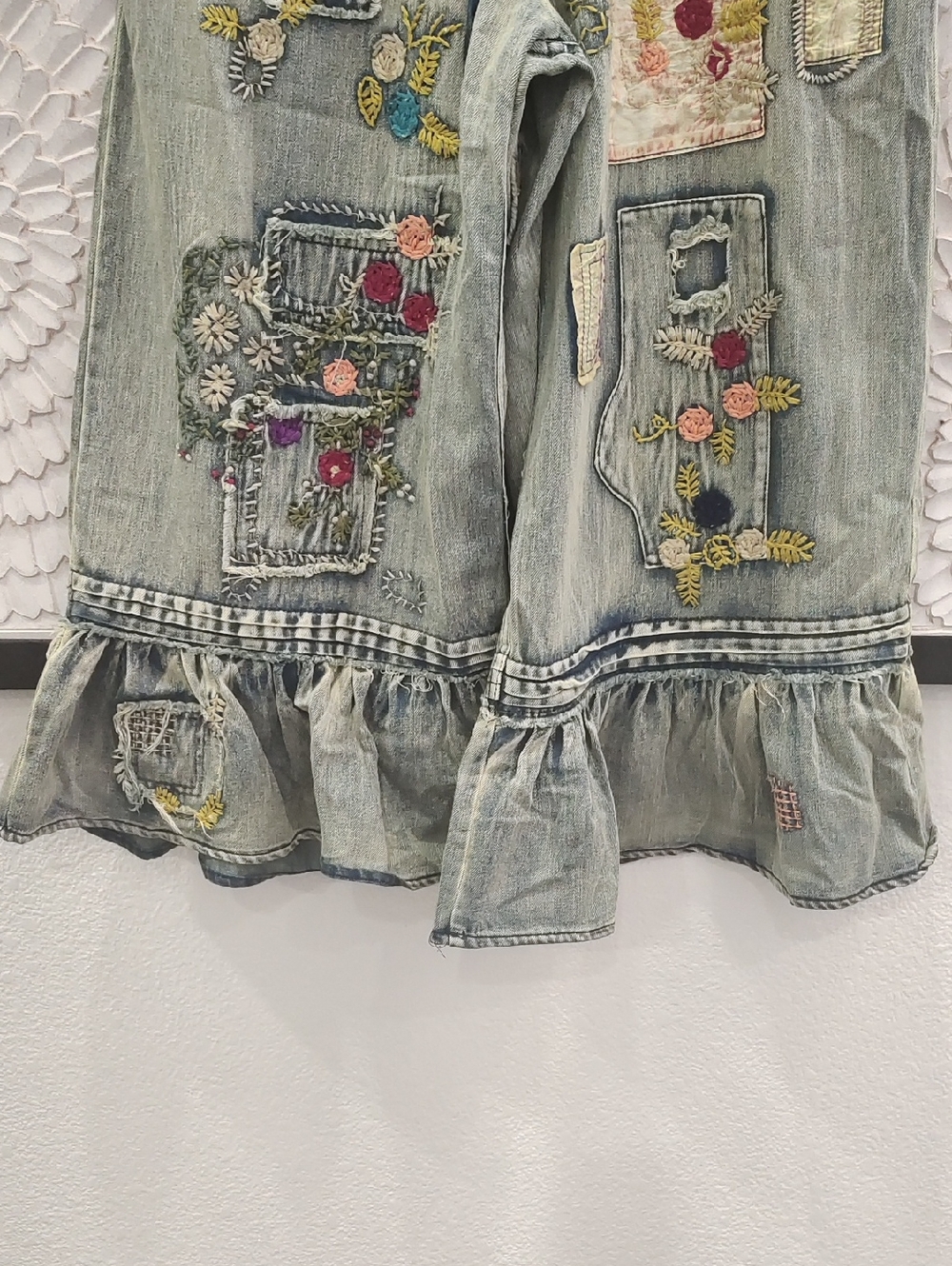 BACK IN STOCK !! Boho Embroidered Patchwork Vintage Wash Ruffle Hem Bloomers - Picture 5 of 8
